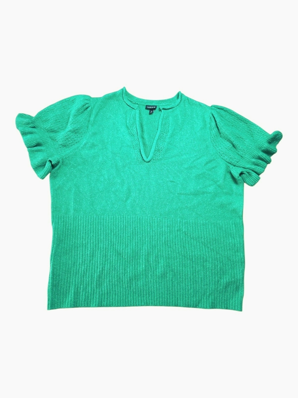 TORRID | Boxy Kelly Green Ruffle Short Puff Sleeve Split Neck Sweater Top | 3X - Picture 2 of 9
